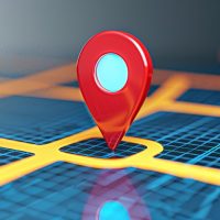 Close-up of a red location pin, blue and yellow grid map, high-res photo, 3D render, realistic textures, immersive depth, digital navigation symbol.