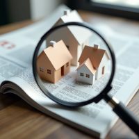 Magnifying glass in front of an open newspaper with paper houses concept of rent search purchase real estate real estate